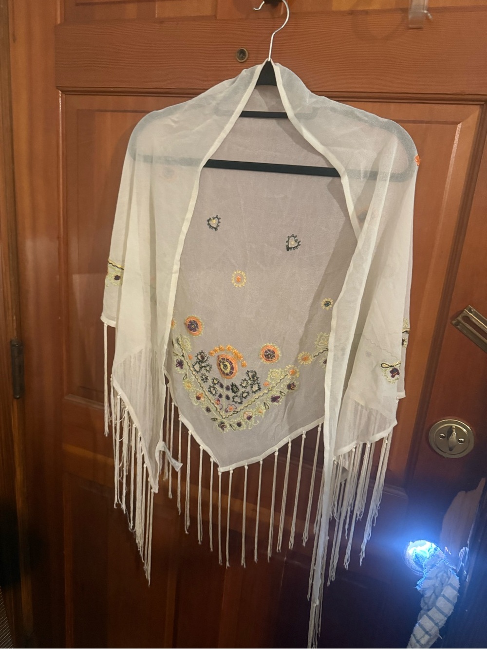 Liz Claiborne Cream Embroidered Fringe Shawl with Multicolor Floral Accents